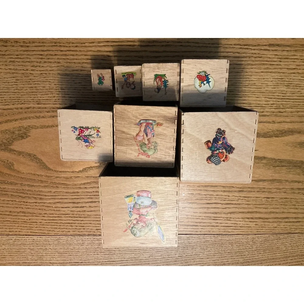 Vintage Hermann‎ Eichhord 8 Wooden Nesting Blocks Set Folk Art Character Decals